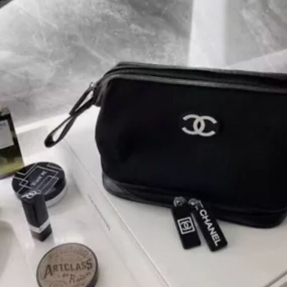 Brand New Chanel Black Nylon Large Makeup Bag/Pouch/Clutch with Wrist St… - Picture 1 of 11